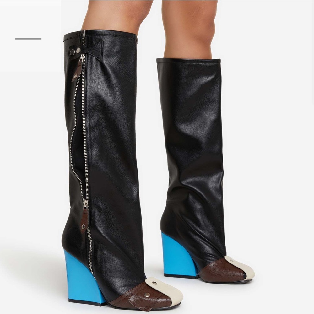 SENNA BUCKLE DETAIL SQUARE TOE BLUE WEDGE HEEL KNEE HIGH LONG BOOT 👢